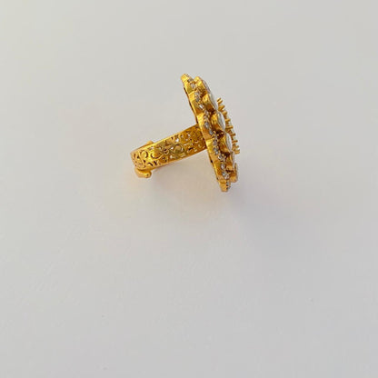 Center Polki Stone with Flower Design Antique Gold Plated Ring