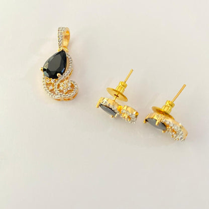 Black Stone Gold Plated Diamond Small Pendant Set