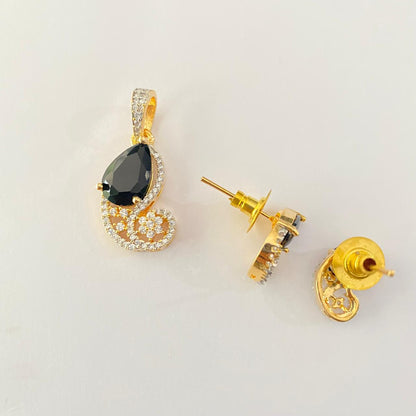 Black Stone Gold Plated Diamond Small Pendant Set