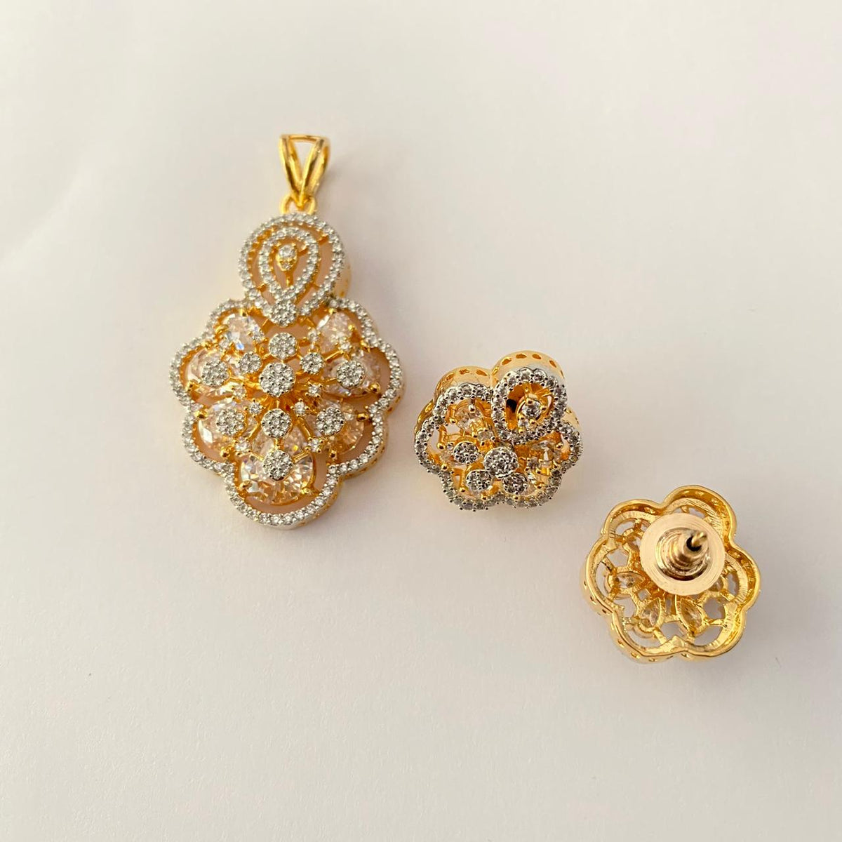 Diamond Gold Plated Floral Pendant Set