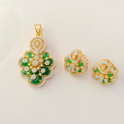 Emerald Gold Plated Floral Pendant Set