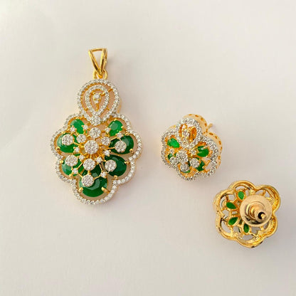Emerald Gold Plated Floral Pendant Set