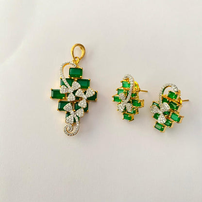 Green Diamond Gold Plated Stones Arranged in a Cross Shape Pendant Set