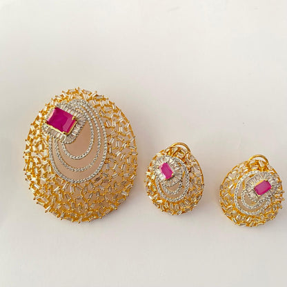 Central Rectangular Ruby Stone Surrounded by Concentric Pendant Set