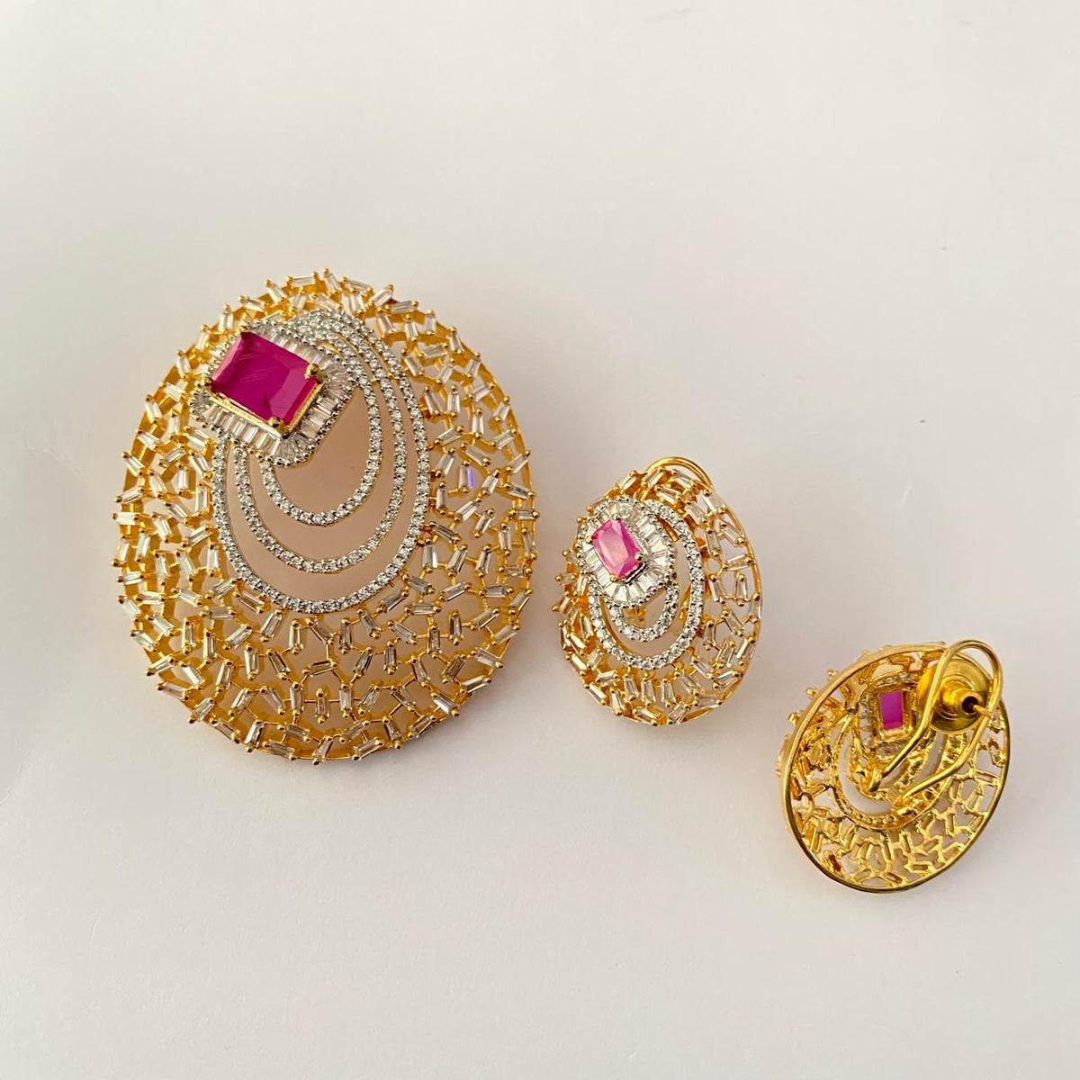 Central Rectangular Ruby Stone Surrounded by Concentric Pendant Set