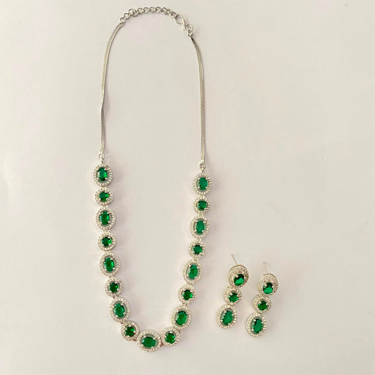 Sleek Diamond Silver Plated Green Necklace Set