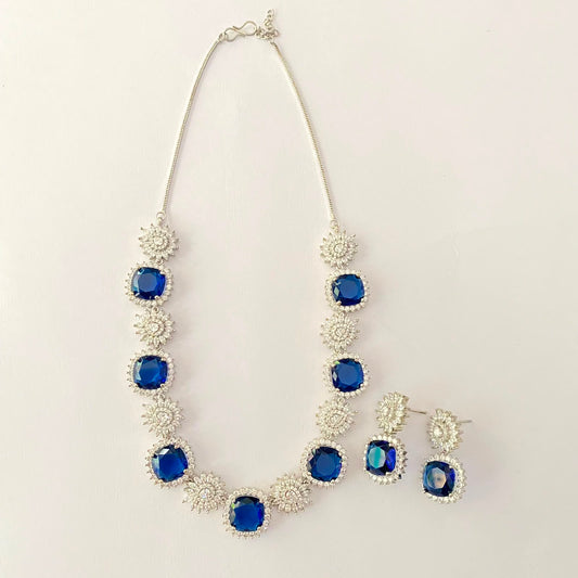 Blue Silver Plated Diamond Necklace Set