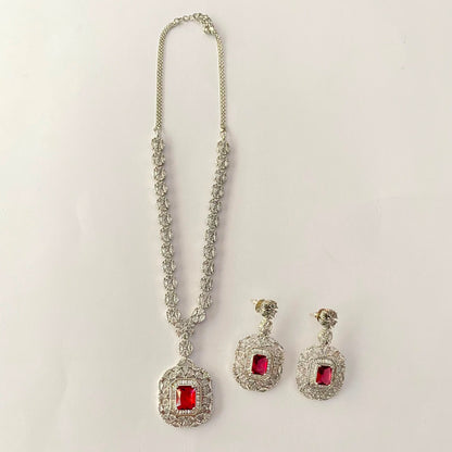Silver Plated Sleek red Diamond Necklace Set