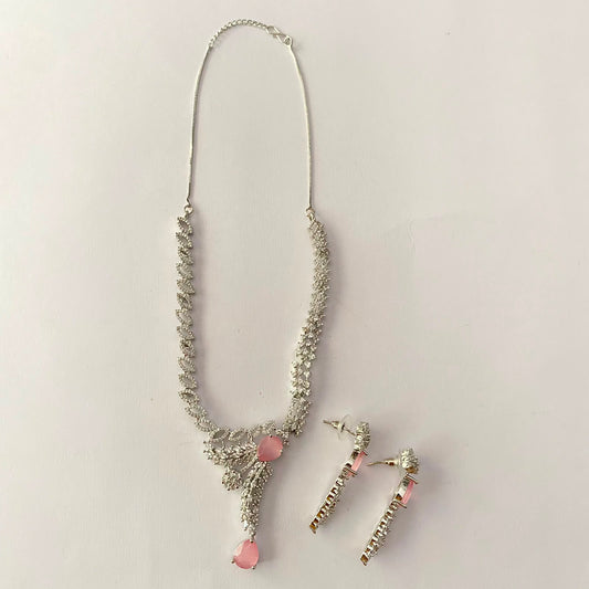 Silver Plated Pink Diamond Necklace Set