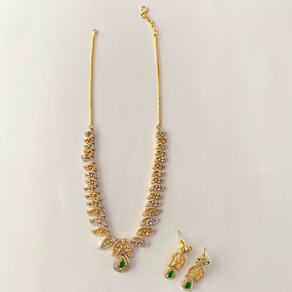 Gold Plated Green Stone Sleek Diamond Necklace Set