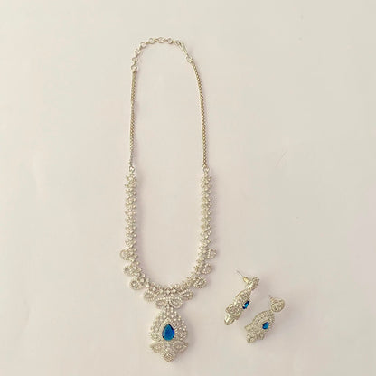 Silver Plated Blue Stone Diamond Necklace Set