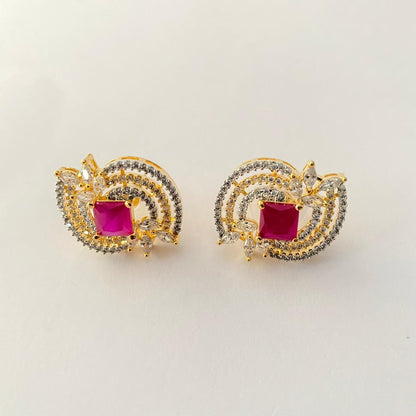Central Square Magenta Stone Surrounded by concentric Stone Gold Plated Earring