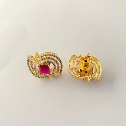Central Square Magenta Stone Surrounded by concentric Stone Gold Plated Earring