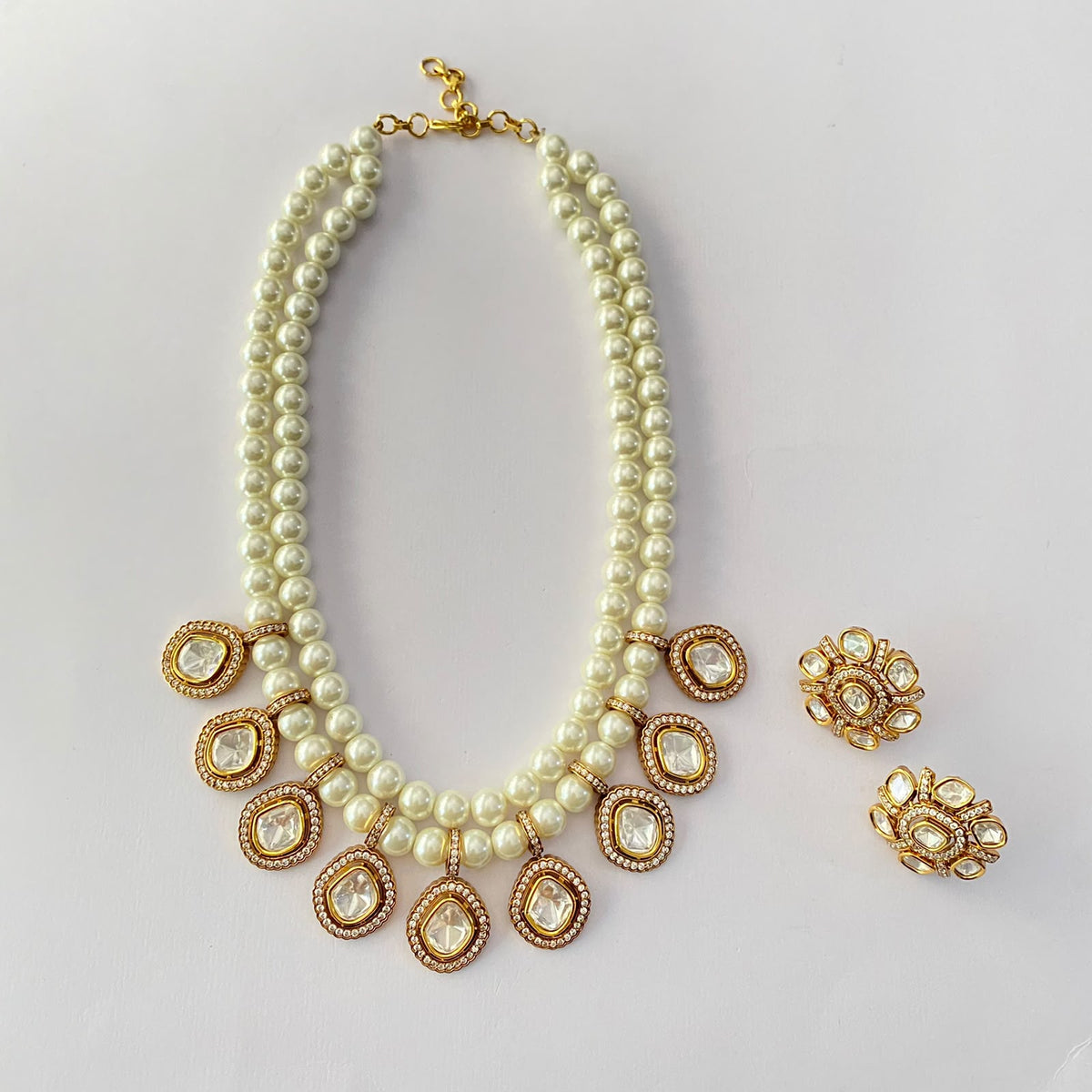 Pearl Double Line Antique Polki Necklace set