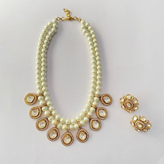 Pearl Double Line Antique Polki Necklace set