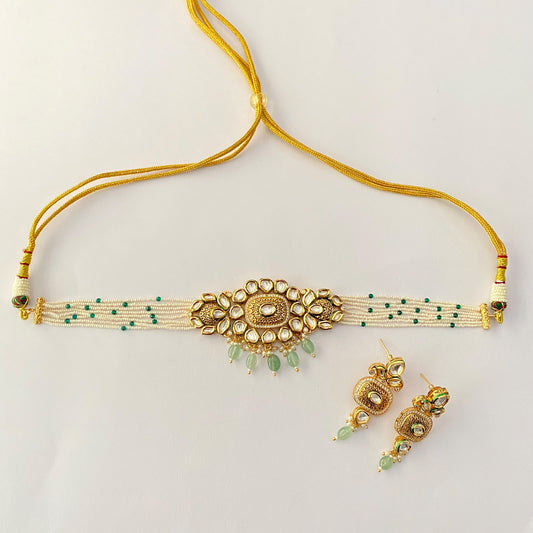 Kundan Gold Plated White Pearl Choker Set