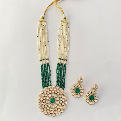 Gold Plated Kundan Green Long Necklace Set