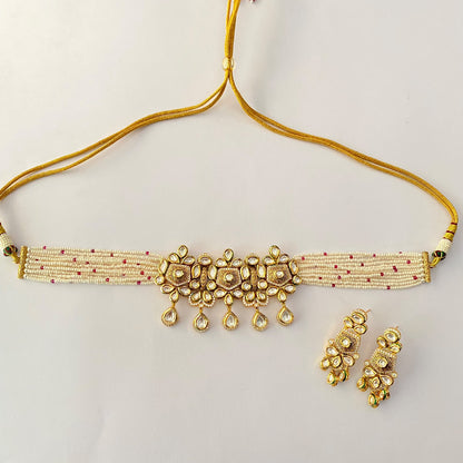 Gold Plated Kundan White Beads Choker Set