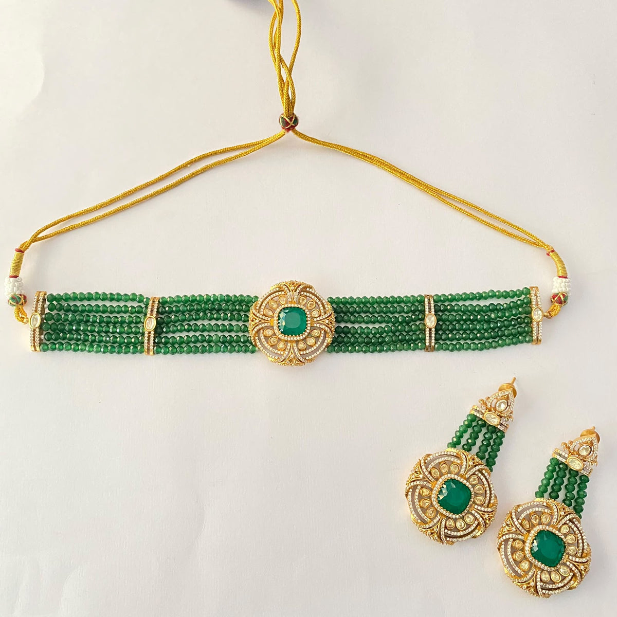 Antique Gold Green Beads Moissanite Choker Set