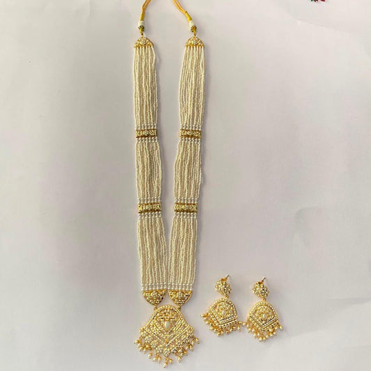 White Long Jadau Gold Plated Necklace Set
