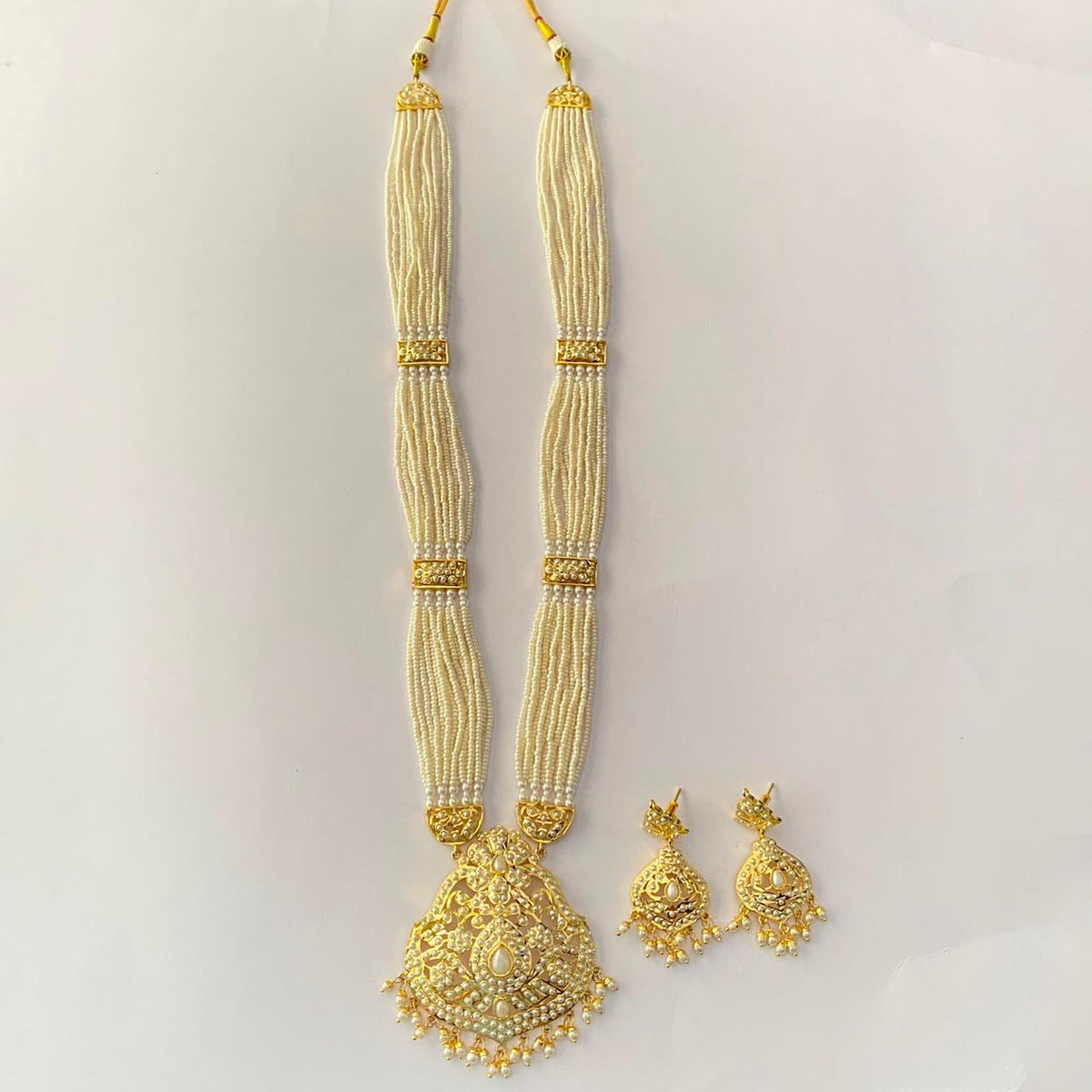 Gold Plated Long White Jadau Necklace Set