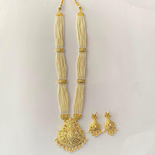 Gold Plated Long White Jadau Necklace Set