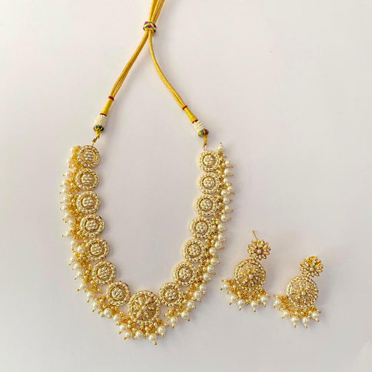 Gold Plated White Pearl Jadau Necklace Set