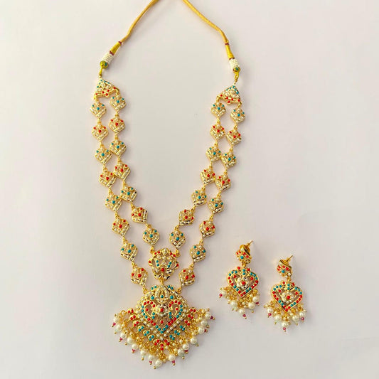 Gold Plated Double Line Jadau Necklace Set