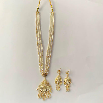 Gold Plated White Pearl Long Necklace Set