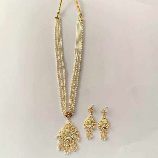 Gold Plated White Pearl Long Necklace Set