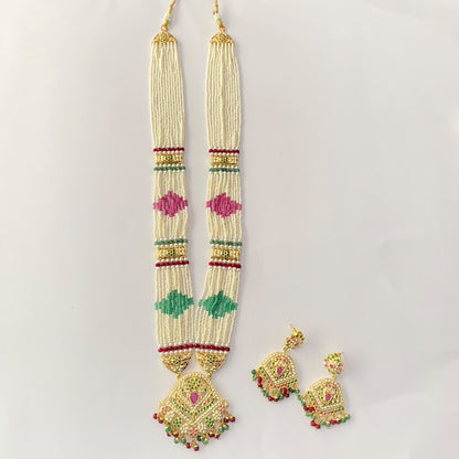 Long Ruby & Green Jadau Necklace Set