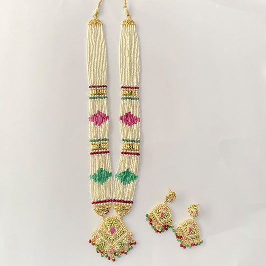 Long Ruby & Green Jadau Necklace Set