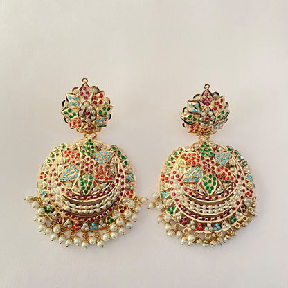 Multi Gold Plated Jadau Chand Bali