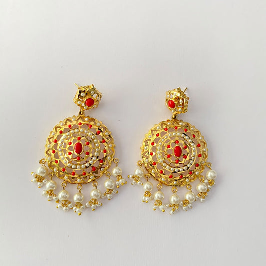 Gold Plated Coral & Pearl Jadau Earring