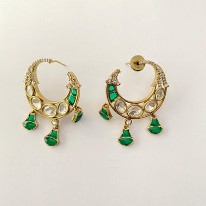 Emerald Gold Plated Polki Chandbali Design Earring