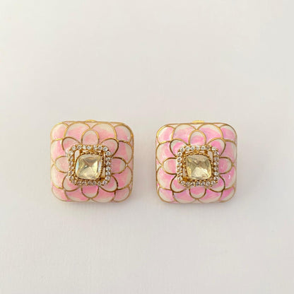 Gold Plated Rose Quatz Square Shape Stud
