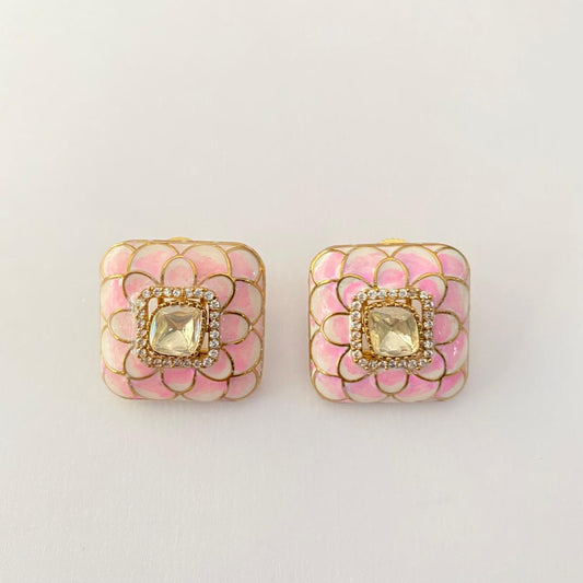 Gold Plated Rose Quatz Square Shape Stud