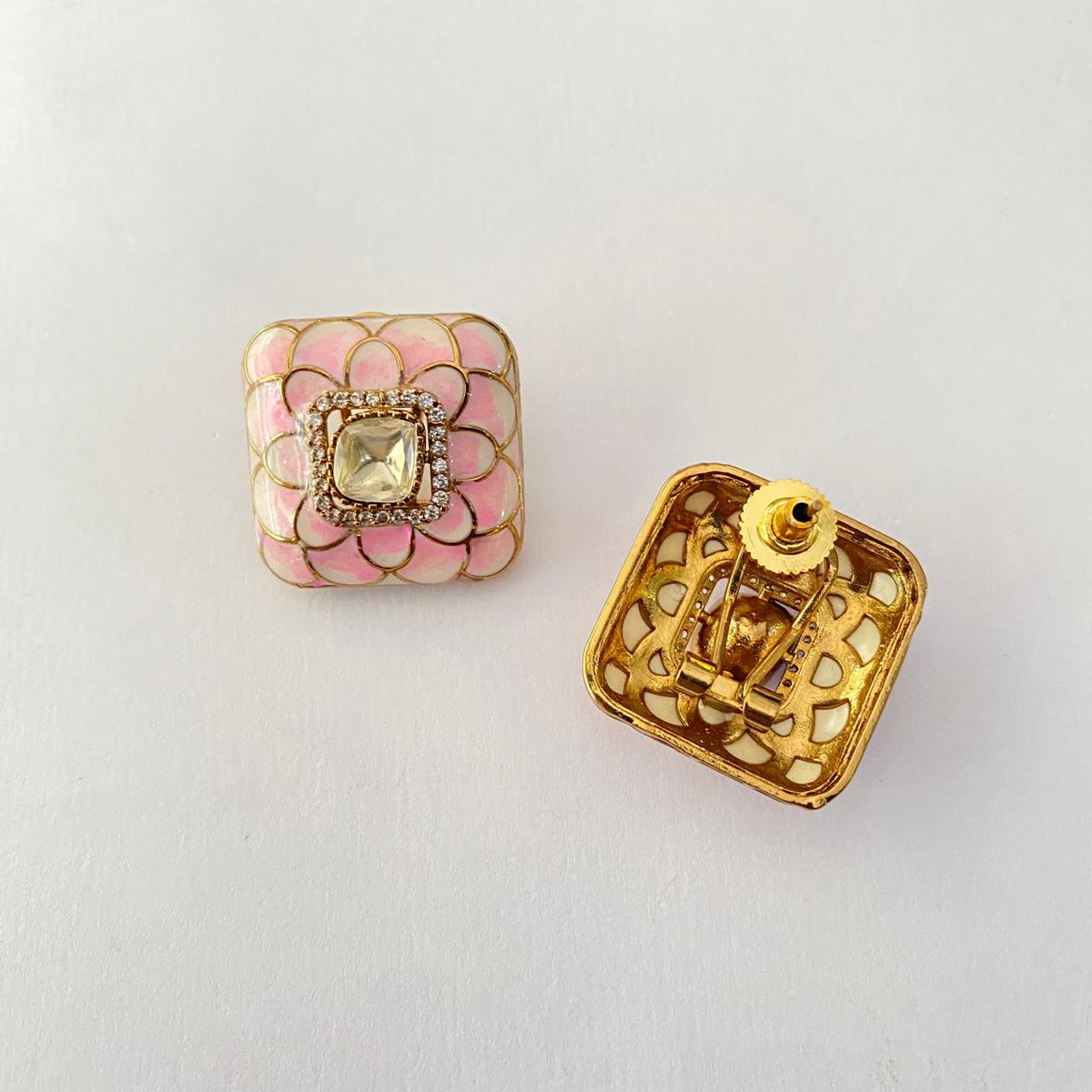 Gold Plated Rose Quatz Square Shape Stud