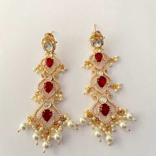 Red Stone Gold Plated Long Earring