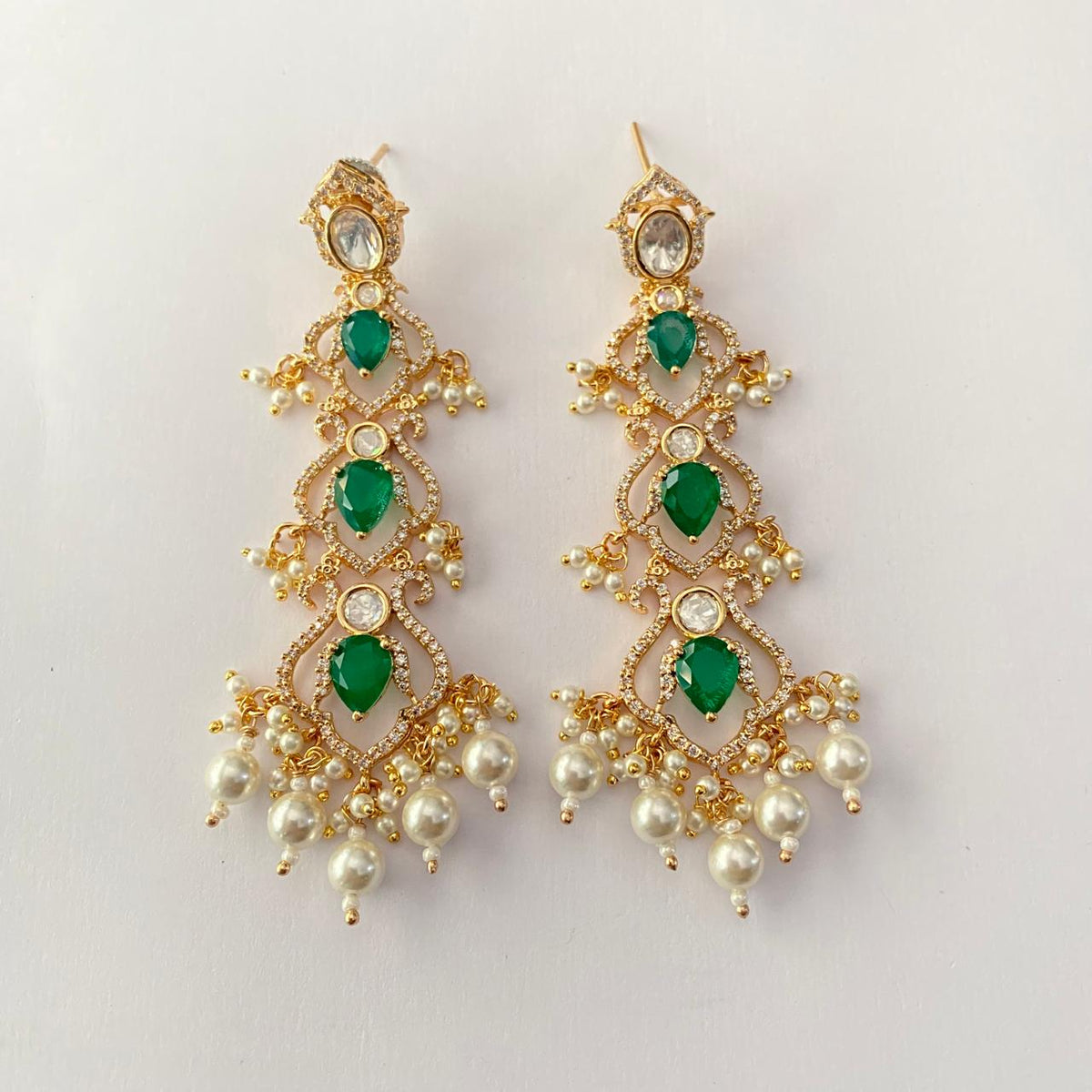 Green Stone Gold Plated Hanging Long Earring