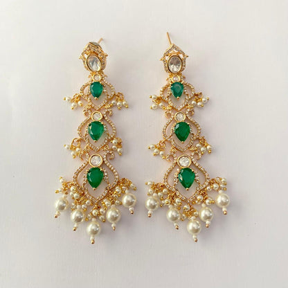 Green Stone Gold Plated Hanging Long Earring
