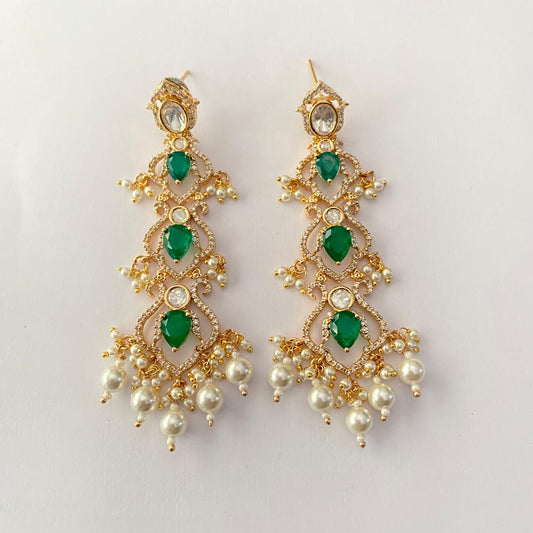 Green Stone Gold Plated Hanging Long Earring