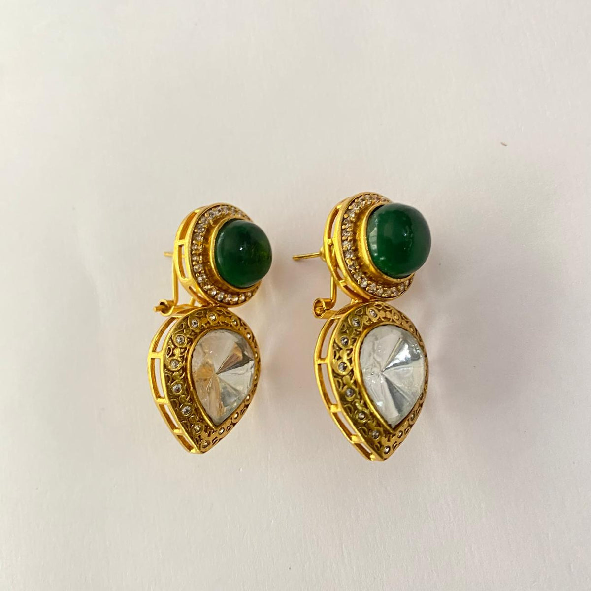 Polki Emerald Gold Plated with Back Clip Earring