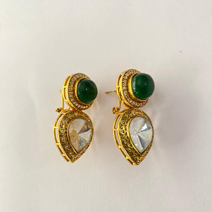 Polki Emerald Gold Plated with Back Clip Earring