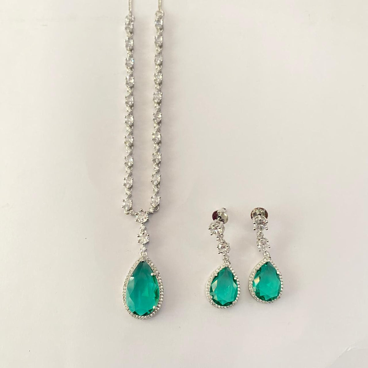 Aqua Silver Plated Diamond Drop Necklace Set