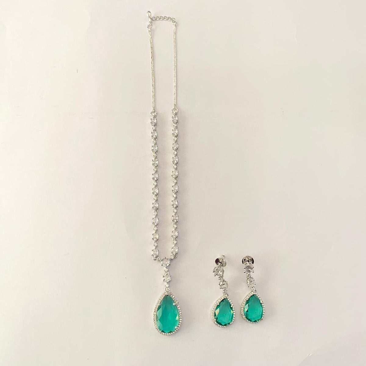 Aqua Silver Plated Diamond Drop Necklace Set