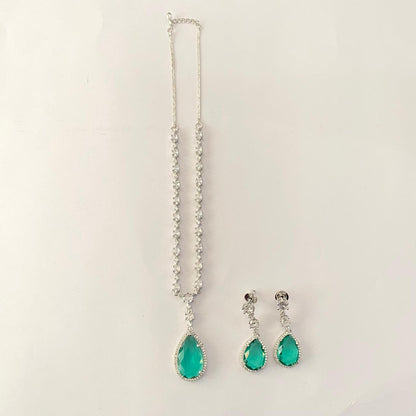 Aqua Silver Plated Diamond Drop Necklace Set