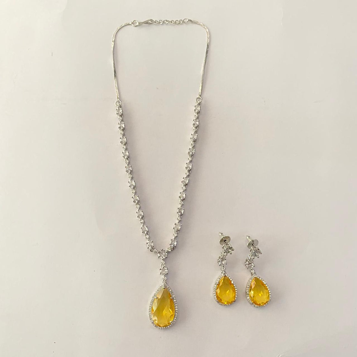 Yellow Drop Stone Diamond Silver Plated Necklace Set