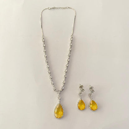 Yellow Drop Stone Diamond Silver Plated Necklace Set