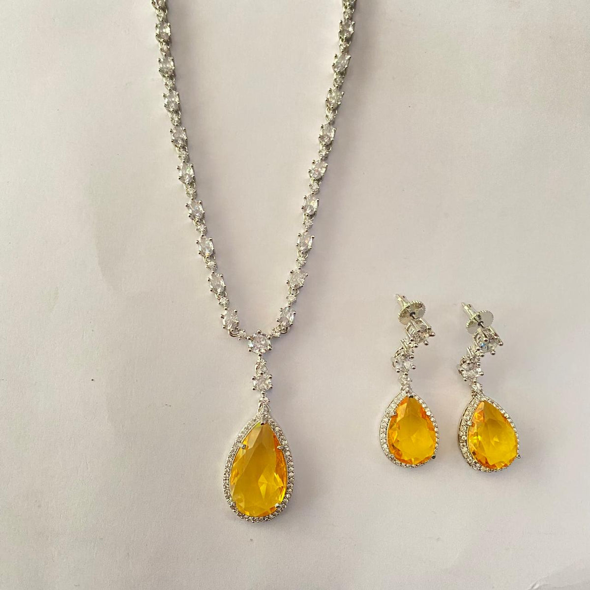 Yellow Drop Stone Diamond Silver Plated Necklace Set
